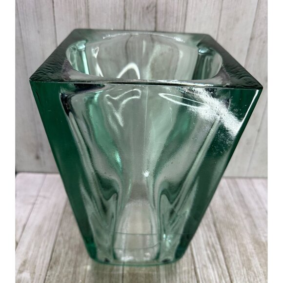 Vintage Art Recycled Glass Vase Square Heavy Green Blue Home Decorative 11" Tall - Picture 3 of 8